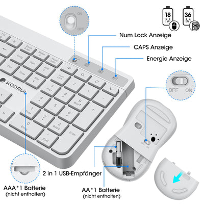 KOORUI Tastatur und Maus Kabellos, Leise Maus Tastatur Set Deutsches Layout QWERTZ mit 12 Funktionstasten 2.4 GHz Tastatur Maus Set für Windows, MacOS, Linux-Weiß (Batterie Nicht Enthalten)