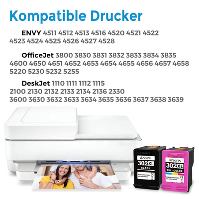 ANKINK Wiederaufbereitet Tintenpatrone Druckerpatronen als Ersatz für HP 302XL für Patrone 302 XL für 1110 2130 3630 3632 3634 3636 3639 4520 4524 4525 4526 4528 3830 3831 3833 Schwarz Farbe 2er-Pack