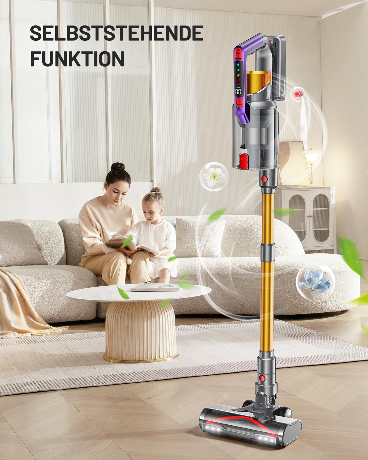 Kissof Akku Staubsauger, 45000Pa/550W/70 Mins Staubsauger Kabellos Mit Selbststehende Funktion, Anti-Tangle-Bodenbürste, Duftkarte, Hocheffizientes Hypa-Filtersystem für Hartböden Teppiche Tierhaare