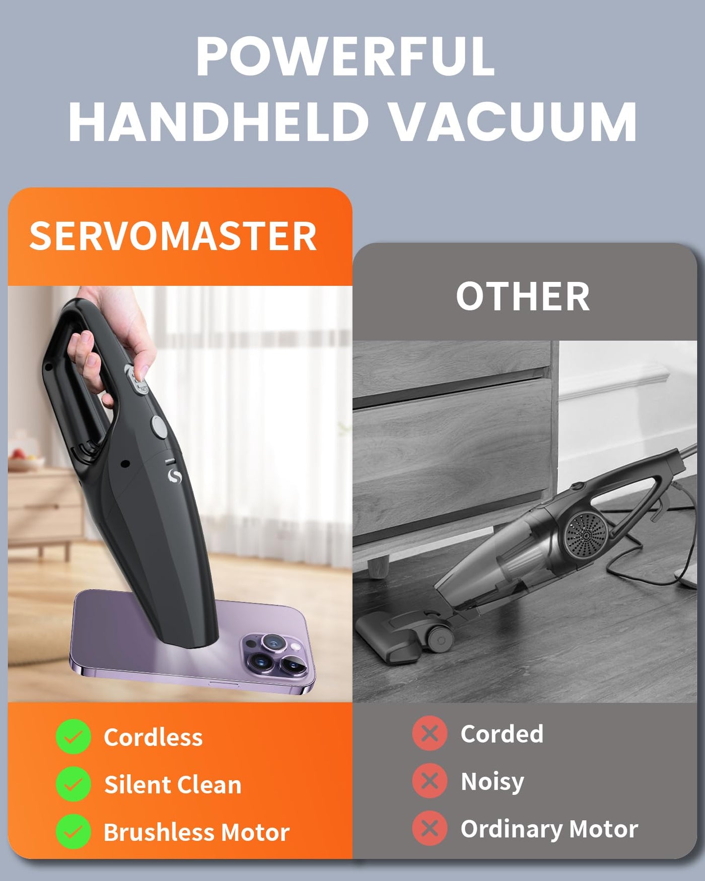 SERVOMASTER Handstaubsauger 12000Pa, Handstaubsauger Akku kabellos, Leistungsstarker Auto Staubsauger Wiederaufladbar, Mini Staubsauger mit Waschbar Edelstahl HEPA-Filter für Auto Haus Büro, Tierhaare