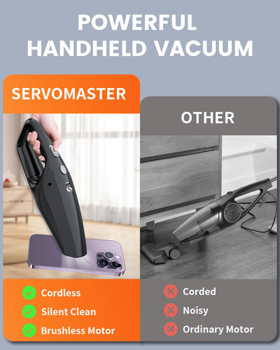 SERVOMASTER Handstaubsauger 12000Pa, Handstaubsauger Akku kabellos, Leistungsstarker Auto Staubsauger Wiederaufladbar, Mini Staubsauger mit Waschbar Edelstahl HEPA-Filter für Auto Haus Büro, Tierhaare