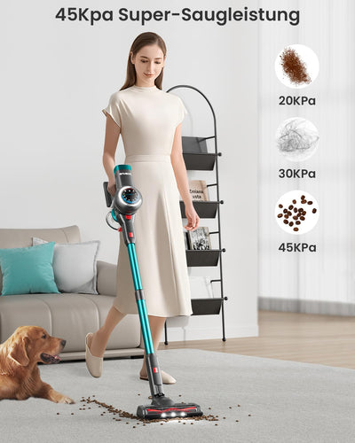 Anyson Akku Staubsauger,550W/45KPa Staubsauger Kabellos,60Min Laufzeit,Selbsttragendes Design, AkkuStaubsauger mit OLED-Display und Anti-Tangle-Bürste,Staubsauger für Teppiche,Hartböden und Tierhaare