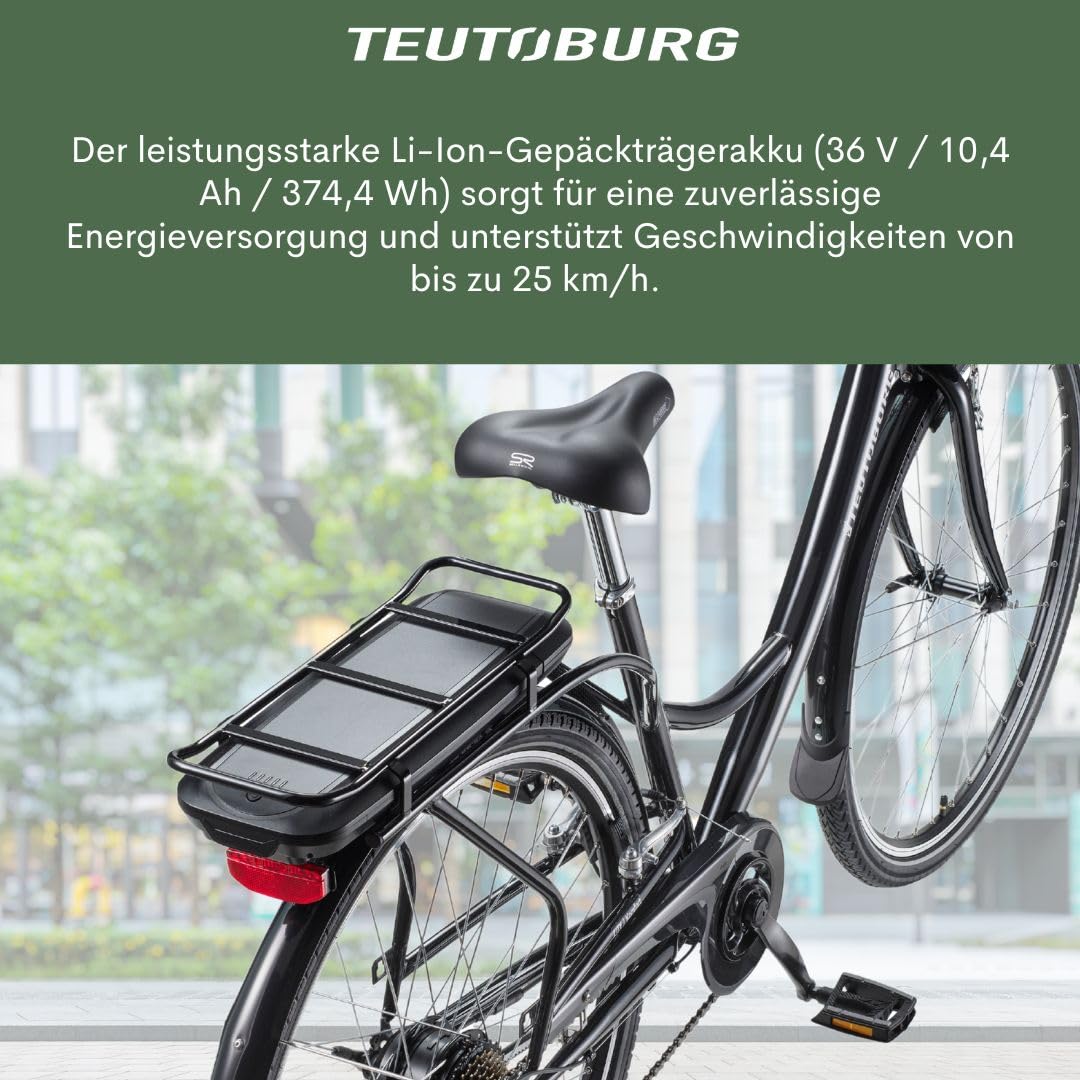 Teutoburg Senne Fahrrad Pedelec Citybike Elektrofahrrad schwarz, E-Bike 28 Zoll, 10,4 Ah/36V Lithium Ionen Akku, 7-Gang Kettenschaltung, inkl. Panzerkabelschloss
