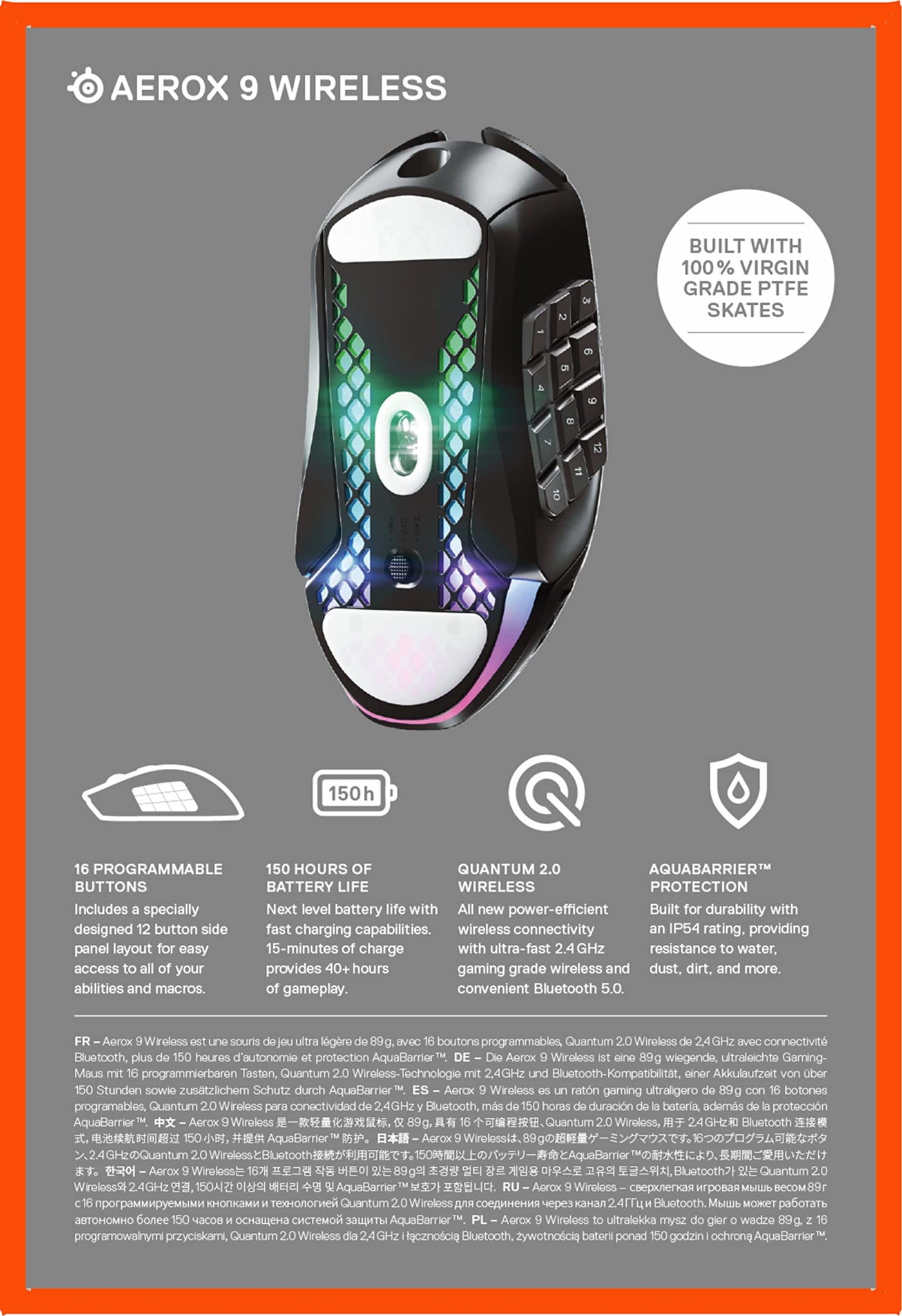 SteelSeries Aerox 9 Wireless - RGB Gaming-Mouse mit Öffnungen in der Oberfläche - Federleichtes, wasserabweisendes Design - 18 Tasten - Bluetooth/2,4 GHz – Optischer TrueMove Air-Sensor mit 18.000 DPI