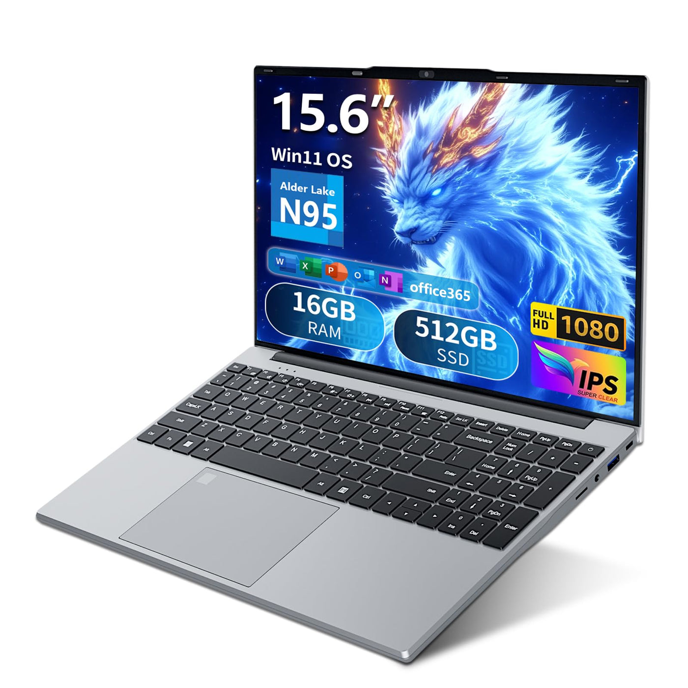 Laptop 15,6 Zoll mit Office 365, Notebook 16GB RAM 512GB SSD, Celeron N95 Prozessor, Notebook 1920x1080 FHD Bildschirm, WiFi5, Win11 Pro Laptop mit Touch ID-Tastatur mit Hintergrundbeleuchtung