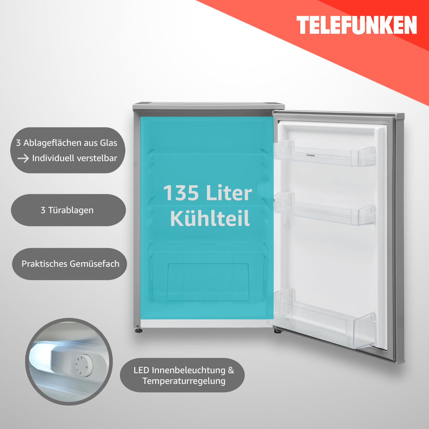 TELEFUNKEN Kühlschrank ohne Gefrierfach freistehend | Standkühlschrank mit 135 Liter Nutzinhalt | Kühlschrank klein mit Gemüsefach | Vollraumkühlschrank | Türanschlag wechselbar | C-135-100-S silber