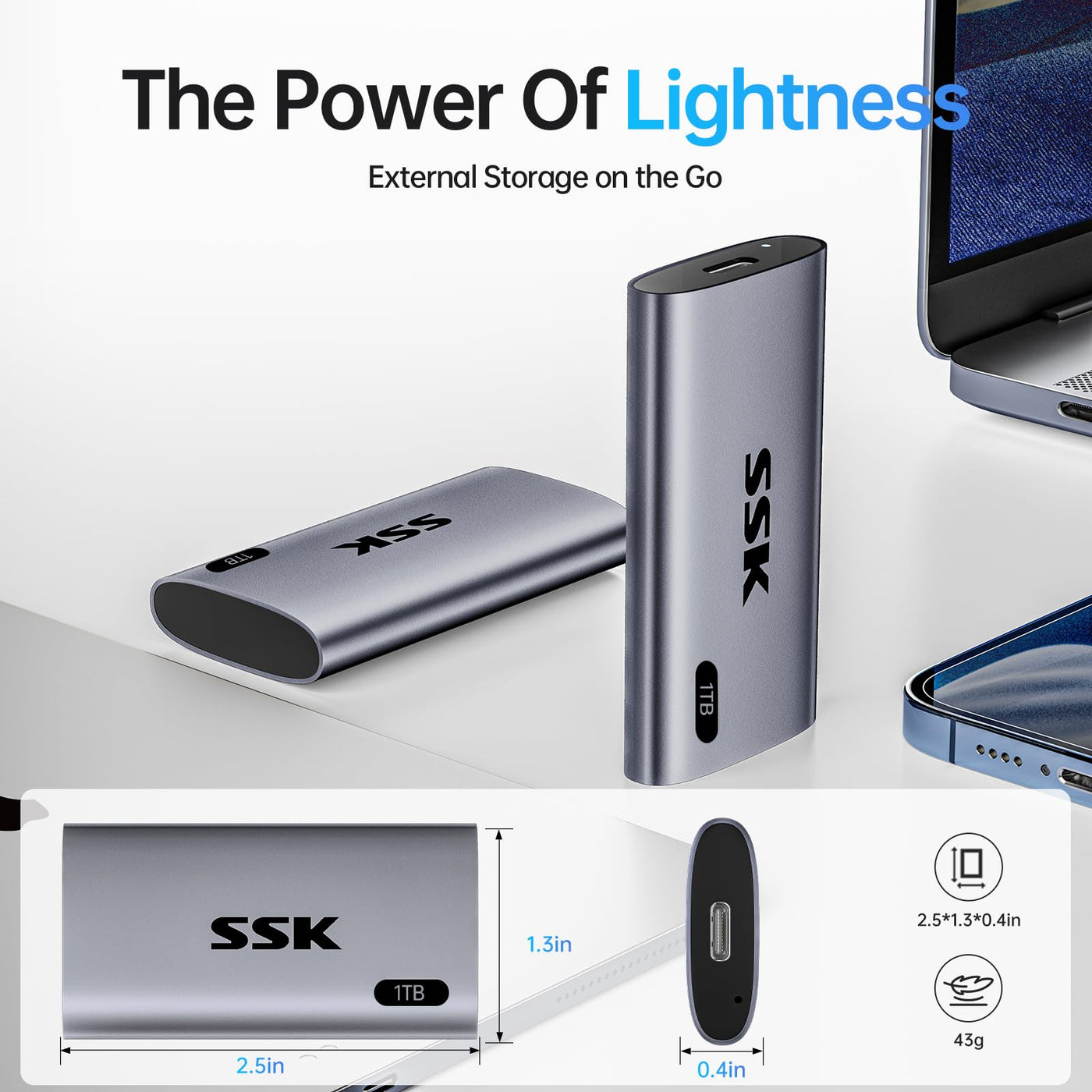 SSK 1TB Externe SSD Festplatte, Portable SSD bis zu 550 MB/s Schnelle External SSD USB 3.2 Gen2 USB C SSD für iPhone 15/Pro, Windows, Mac, Android Mit LED-Licht, Trim, SMART Unterstützt