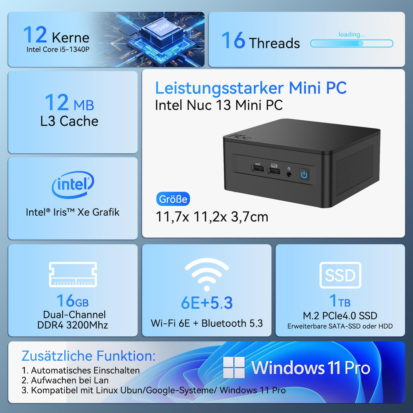 Intel/Asus NUC 13 Pro Mini PC Core i5-1340P |12 Kerne 16 Threads NUC13ANHi5 Mini Desktop Computer| 16GB RAM 1TB SSD| Windows 11 Pro Desktop Computer| 4K/8K UHD| HDMI| 2 x Thunderbolt 4| WiFi 6E| BT5,