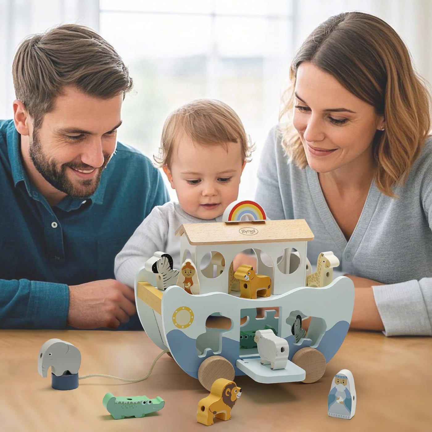 Joyreal Arche Noah Holz - Taufgeschenke für Mädchen Jungen Kinder, Geschenk Taufe, Montessori Spielzeug ab 1 2 3 Jahr, Holzspielzeug mit Bauernhof Spielzeug Sortier Stapel