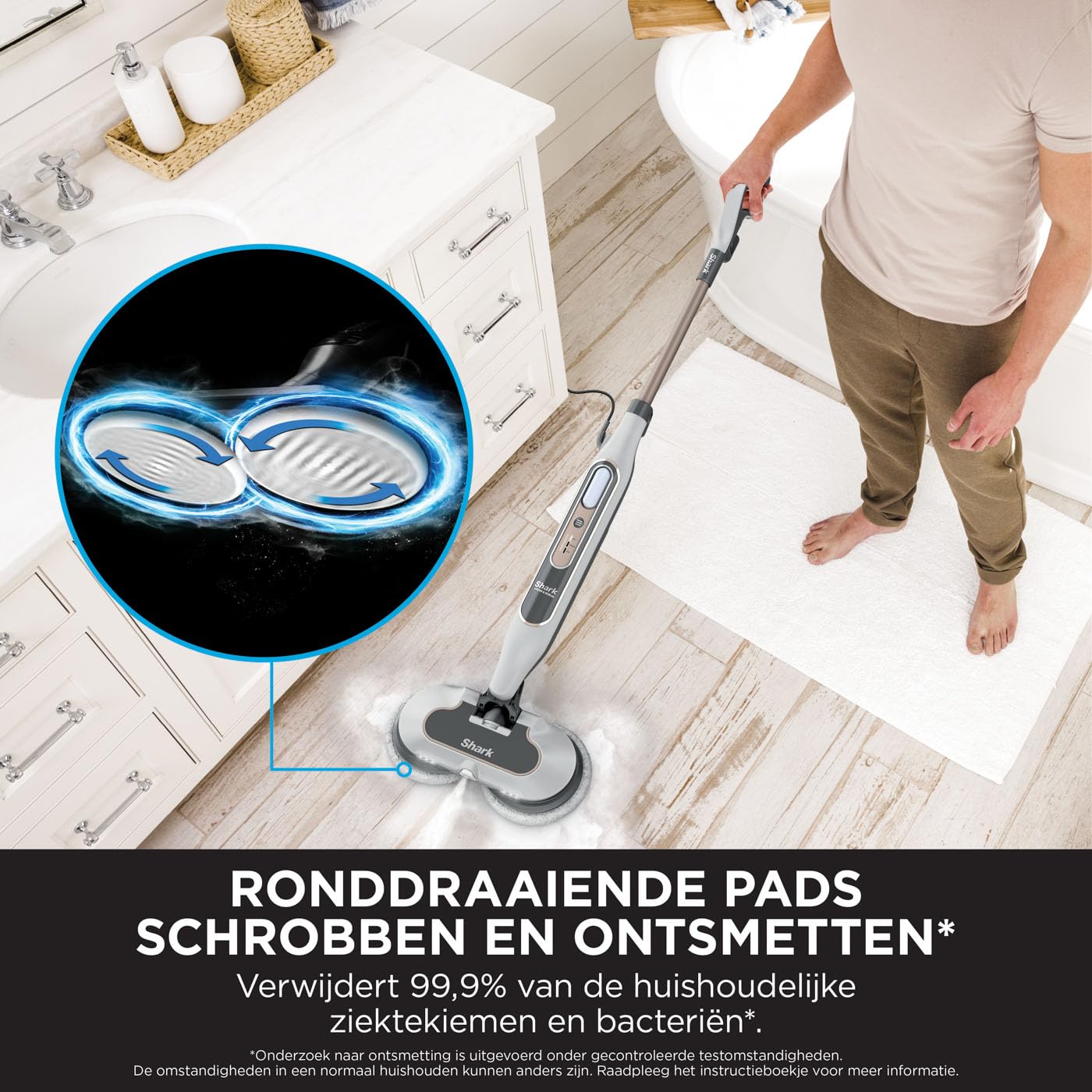 Shark Dampfreiniger, automatischer Dampfbesen mit Steam Blaster, 2 rotierende Power Pads, 3 Dampfstufen, desinfiziert, entfernt Flecken und Schmutz, für versiegelte Hartböden, weiß und grau S8201EU