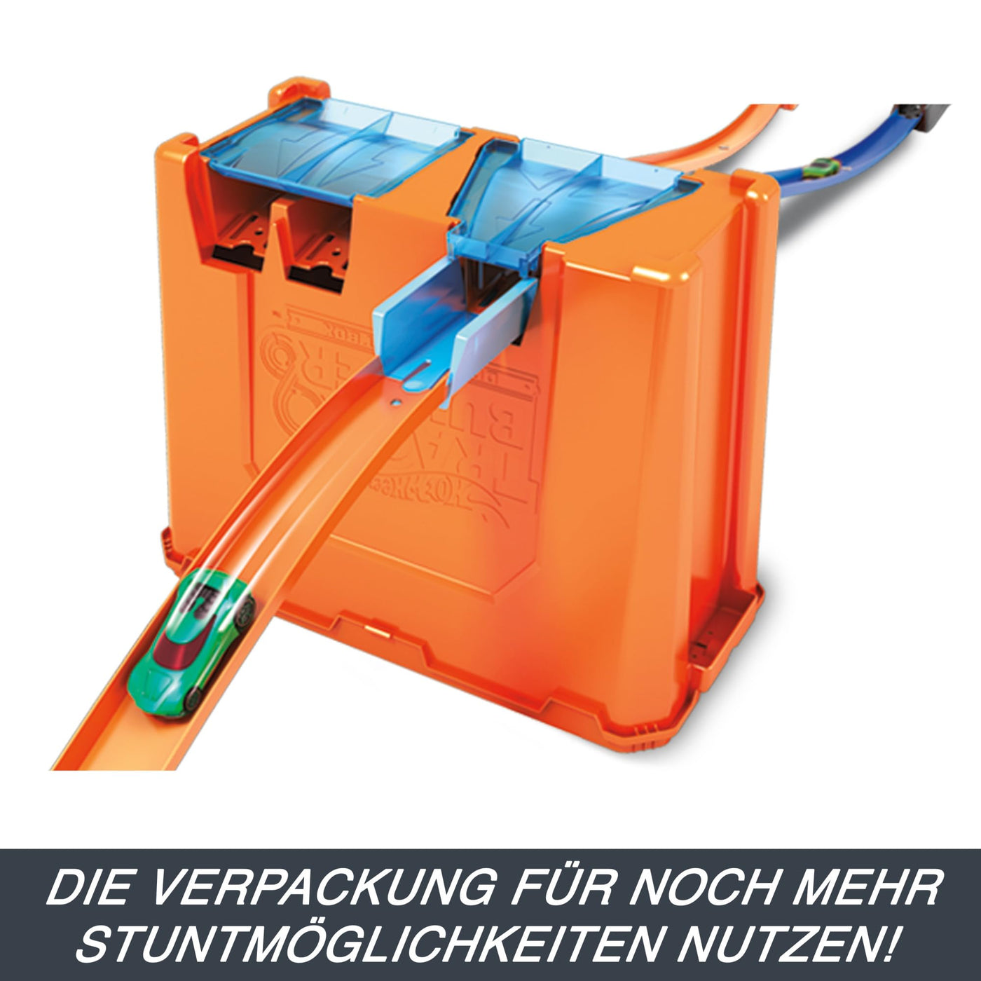 Hot Wheels Bahn Track Builder, Autorennbahn Bauset für Hot Wheels Autos, inkl. 2 Spielzeugautos, Spurwechsler, steile Kurven, Crashzone, Auto Spielzeug, Spielzeug ab 4 Jahre, GGP93