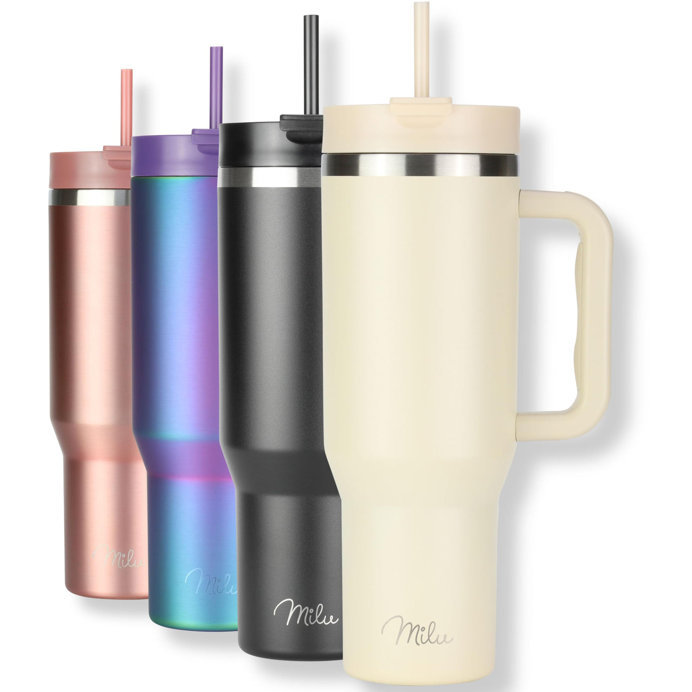 Milu Thermobecher 1200ml mit Strohhalm und Henkel – 48h Eis/24h kalt/12h heiß Edelstahl Tumbler 40oz mit Griff - Isolierbecher to go - Isolierflasche Trinkflasche doppelwandig isoliert (Beige, 1,2L)