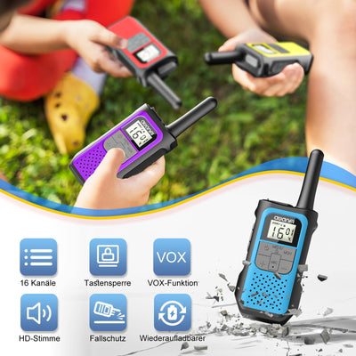 AWANFI Walkie Talkie 4er Set, Walkie Talkie Aufladbar für Erwachsene Kinder, 16 Kanäle Funkgeräte Set mit 1200mAh Li-ion Akku VOX, Walki Talki für Camping Wandern Geschenk