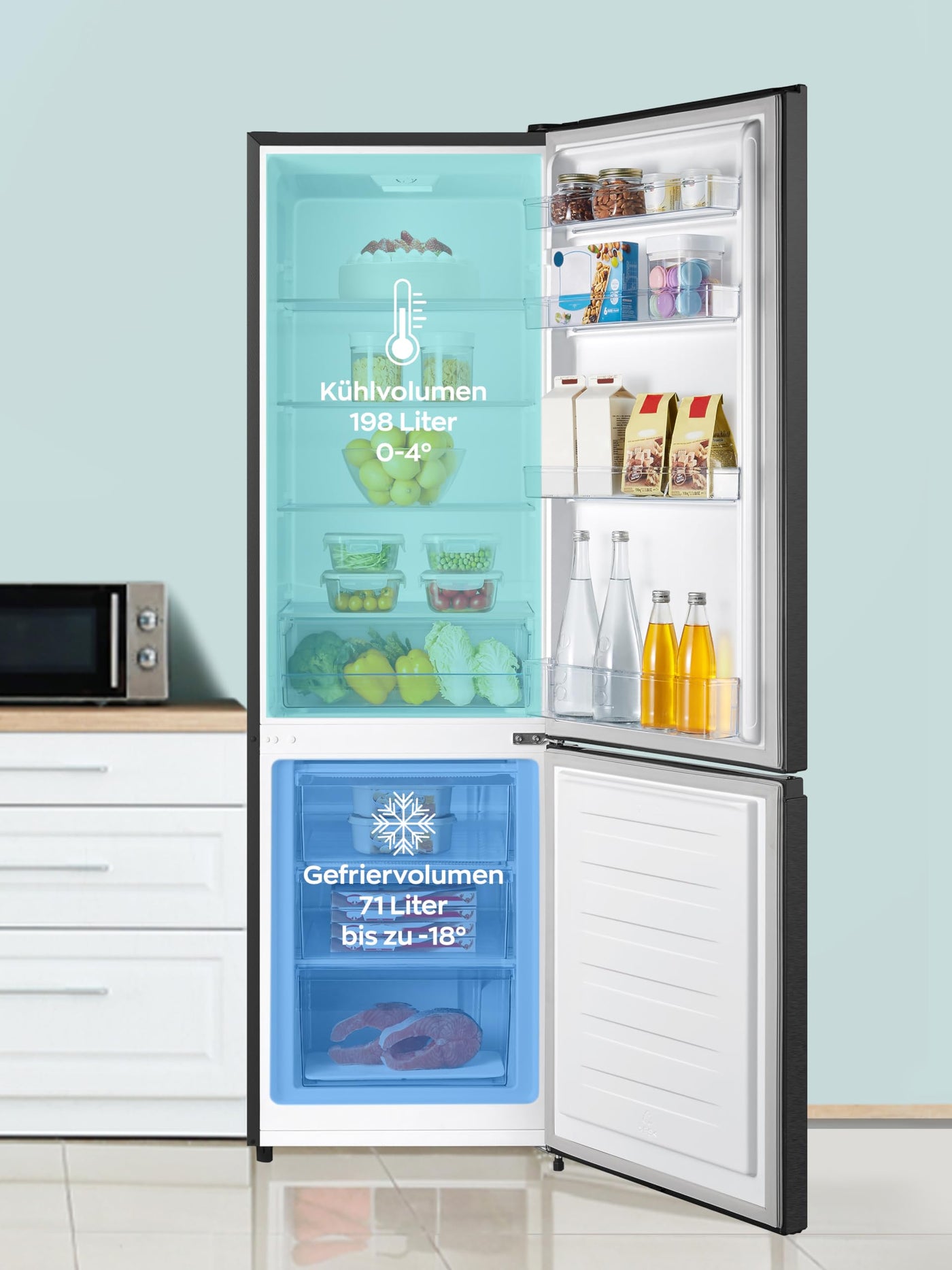 Heinrich´s Kühlgefrierkombination 269 Liter, Kühlvolumen 198L, Gefrierfach 71L,LED Beleuchtung,Kühlschrank Türanschlag wechselbar, leise 39dB,große Tiefkühlboxen, 7 Temperaturstufen, (schwarz-inox)