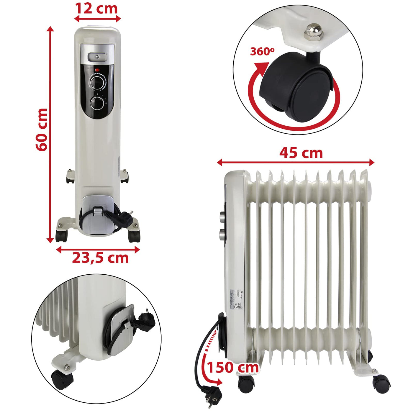 Montafox Ölradiator Elektroheizung 11 Rippen 2500 Watt 3 Heizstufen Elektrischer Heizkörper für Räume bis 50 m² Energiesparend Thermostat Überhitzungsschutz