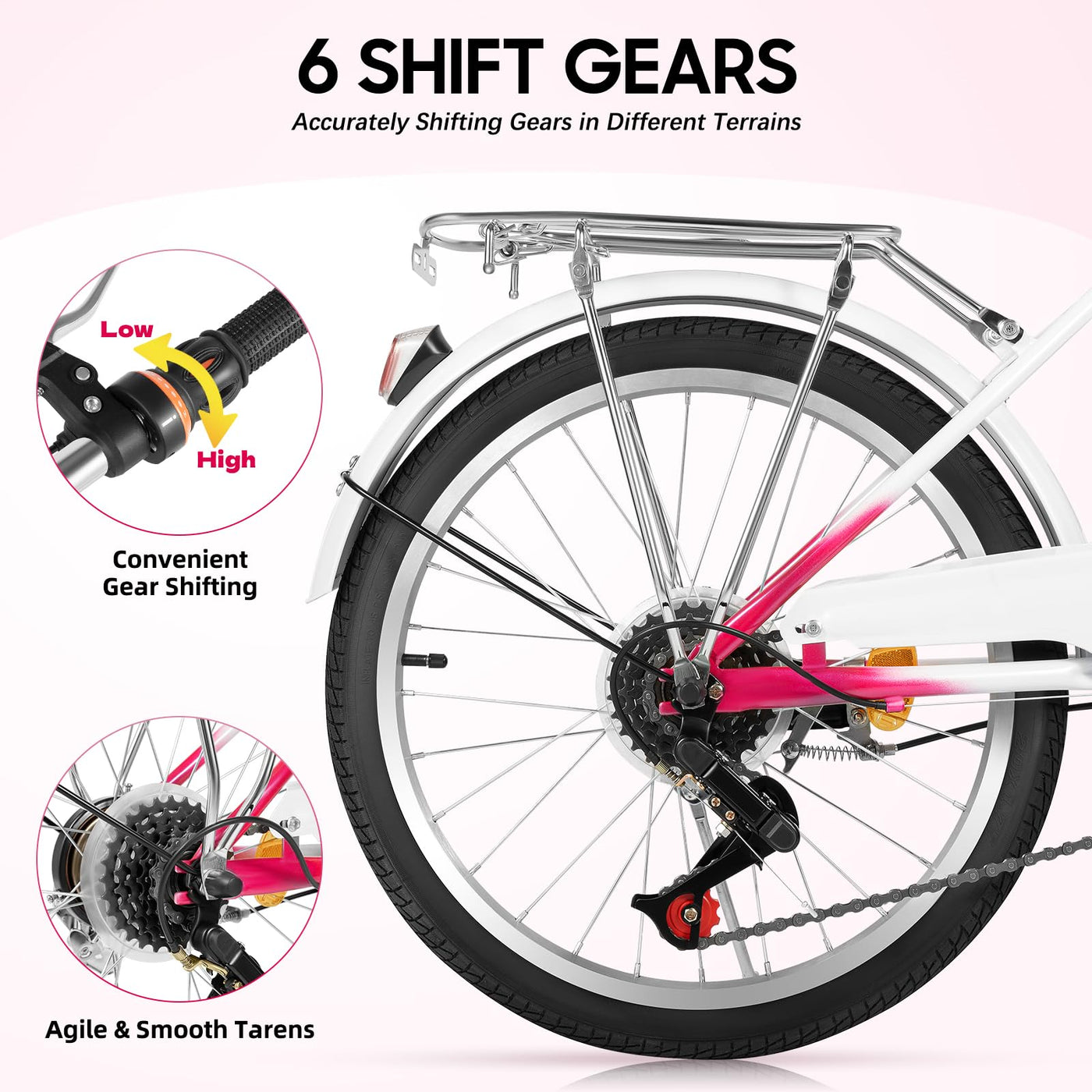 XUEMANSHOP Kinderfahrrad, 20 Zoll Fahrrad mädchen, 6-Gang-schaltung Fahrrad Damen mit Scheinwerfer, Belastbarkeit Max 90kg für 6,7, 8, 9, 10 Jahr