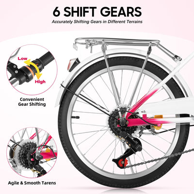 XUEMANSHOP Kinderfahrrad, 20 Zoll Fahrrad mädchen, 6-Gang-schaltung Fahrrad Damen mit Scheinwerfer, Belastbarkeit Max 90kg für 6,7, 8, 9, 10 Jahr