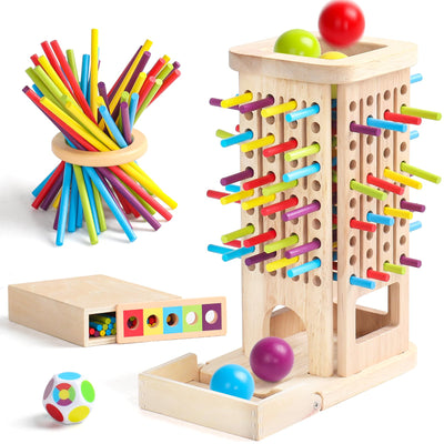 Akokie Montessori Spielzeug ab 3 Jahre Spiele ab 3 4 5 Jahren 3-IN-1 Brettspiele Lernspiele ab 4 Jahre mit 40 Holzstäbe, Aufbewahrungsbox Klassifizierung Farblernturm Kinderspiele Reisespiele Kinder