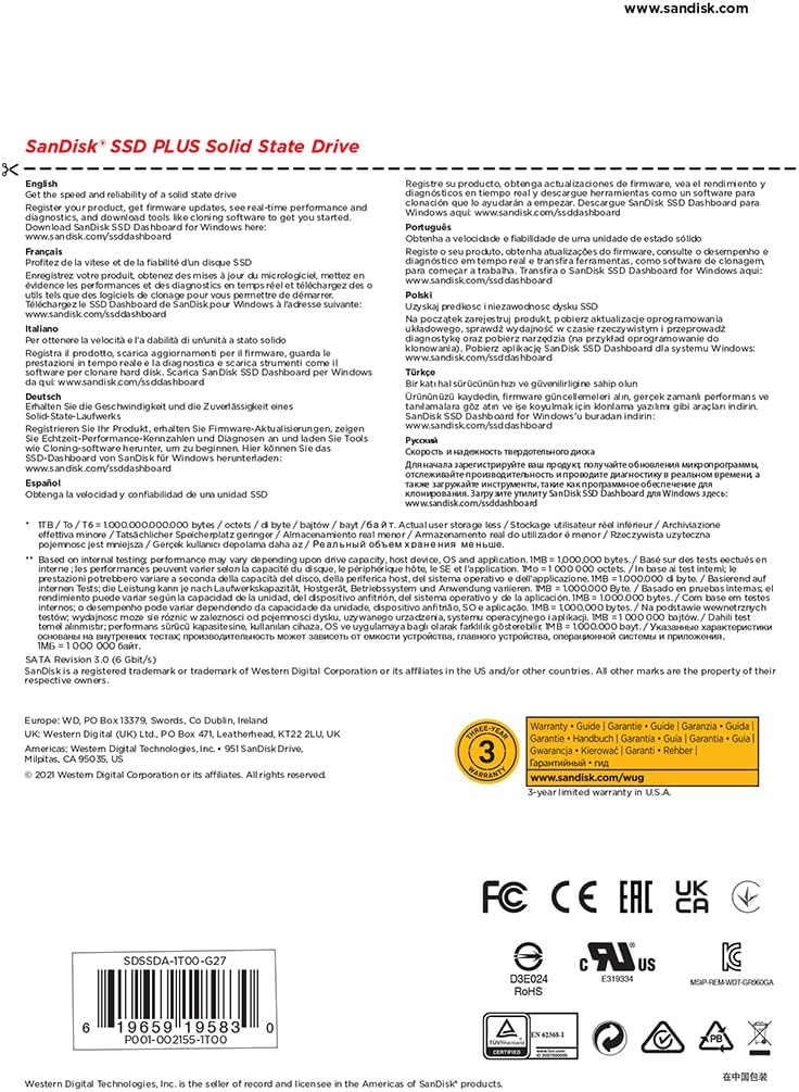 SanDisk SSD Plus interne SSD Festplatte 1 TB (schnelleres Hoch-, Herunterfahren und Laden, Lesegeschwindigkeit 535 MB/s, Schreibgeschwindigkeit 350 MB/s, stoßfest)