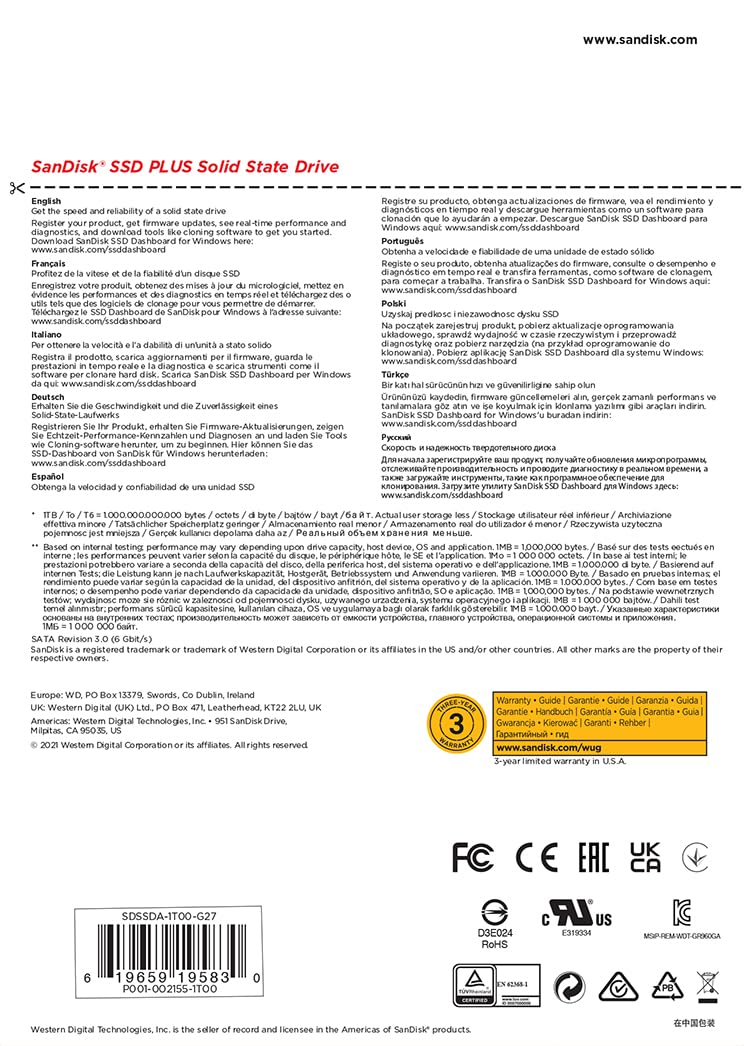 SanDisk SSD Plus interne SSD Festplatte 1 TB (schnelleres Hoch-, Herunterfahren und Laden, Lesegeschwindigkeit 535 MB/s, Schreibgeschwindigkeit 350 MB/s, stoßfest)