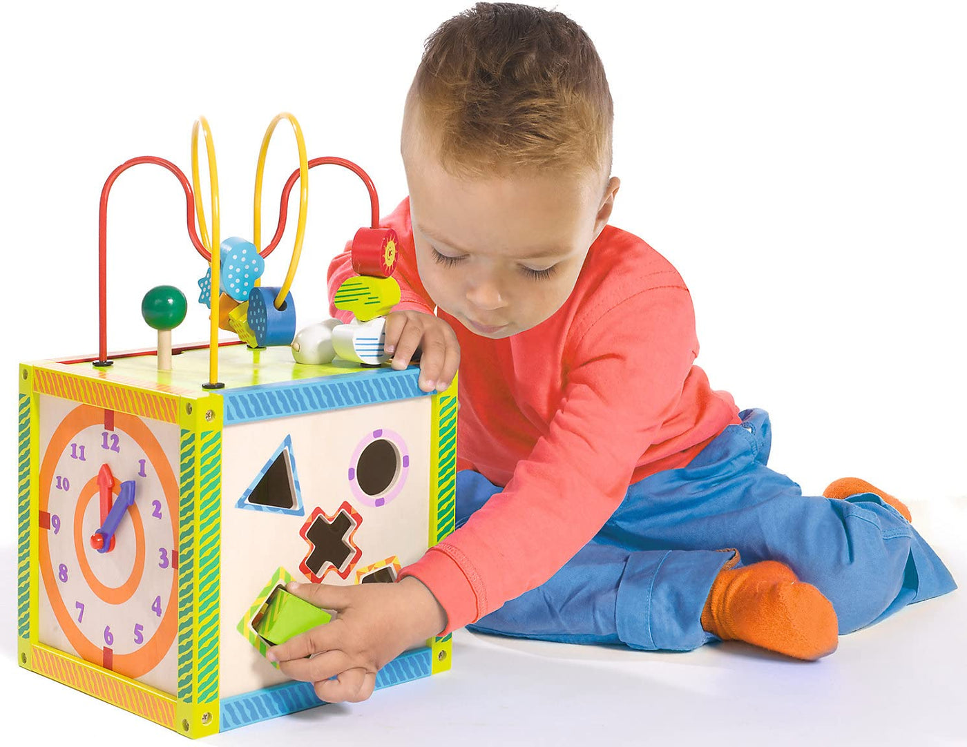 Eichhorn 100002235 buntes Spielcenter, Motorikwürfel mit Motorikschleife, Uhr, Motorikspiel, Drehspiel und 5 Steckbausteine, für Kinder ab 1 Jahr, Größe: 20x20x36 cm