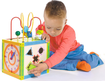 Eichhorn 100002235 buntes Spielcenter, Motorikwürfel mit Motorikschleife, Uhr, Motorikspiel, Drehspiel und 5 Steckbausteine, für Kinder ab 1 Jahr, Größe: 20x20x36 cm