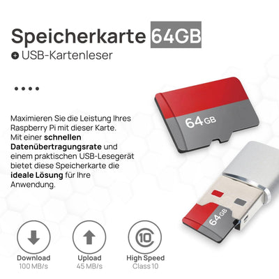 Raspberry Pi 4 4GB Starter-Kit | USB-C Netzteil 15W | Gehäuse | 64GB SD Karte | 4k Micro HDMI Kabel | Kühlkörper Set