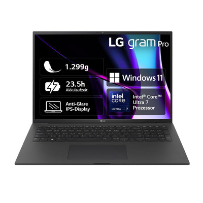 LG gram Pro 17 Zoll Notebook - 1299g Intel Core Ultra7 Laptop (16GB RAM, 1TB Dual SSD, 23,5h Akkulaufzeit, IPS Panel Anti-Glare Display, Win 11 Home, 2024) - Schwarz