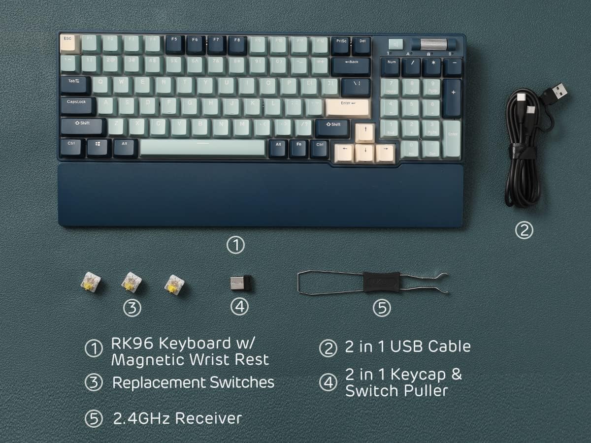 RK ROYAL KLUDGE RK96 RGB Limited Ed, 90% 96 Tasten Triple Mode Bluetooth 5.0/2.4G/USB-C Hot-Swap-fähige mechanische Tastatur mit Software und massivem Akku, RK Yellow Switch, Wald Blau, QWERTY