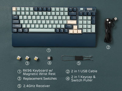 RK ROYAL KLUDGE RK96 RGB Limited Ed, 90% 96 Tasten Triple Mode Bluetooth 5.0/2.4G/USB-C Hot-Swap-fähige mechanische Tastatur mit Software und massivem Akku, RK Yellow Switch, Wald Blau, QWERTY