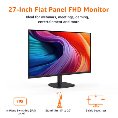 Amazon Basics Monitor 27 Zoll (68.6 cm), FHD 1080p, max. 100 Hz, VESA-kompatibel, integrierte Lautsprecher, Schwarz