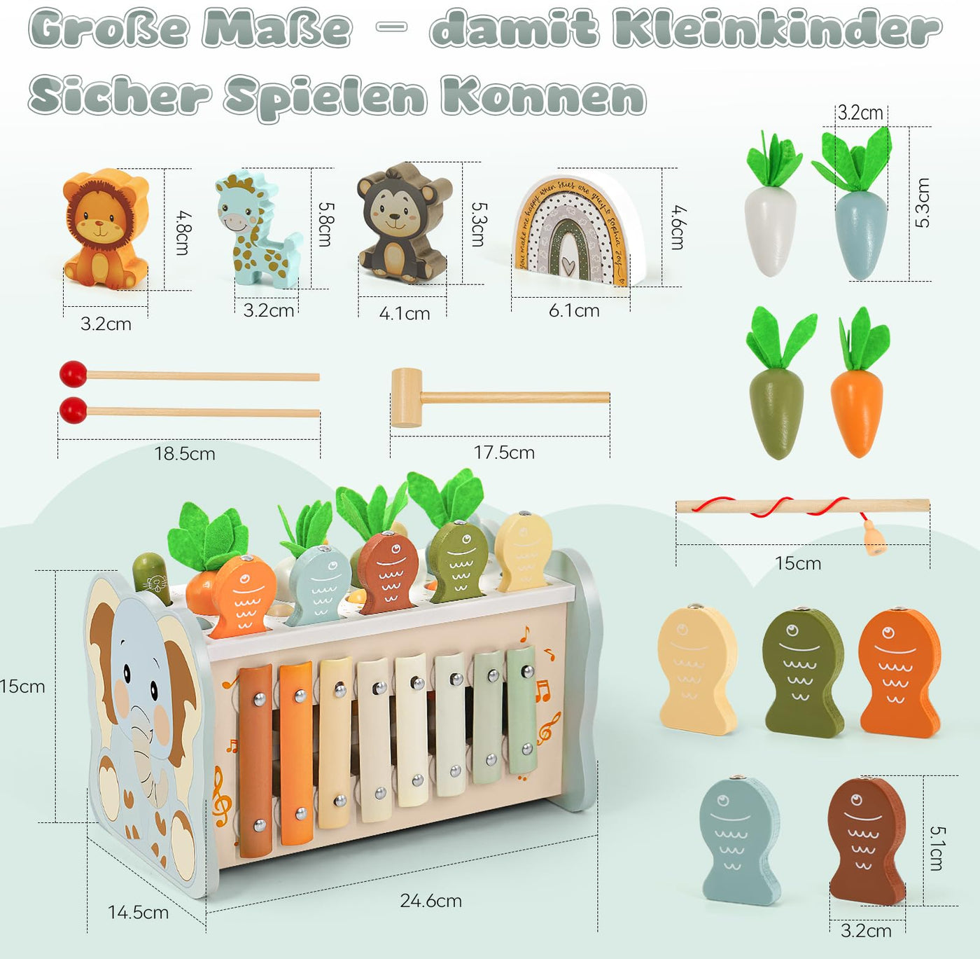 Montessori Spielzeug ab 1 Jahr, 6 in 1 Holzspielzeug ab 1 Jahr, Motorikspielzeug mit Hammerspiel Angelspiel Xylophon Rotierendes Zahnrad, Kinderspielzeug Geschenk 1 2 3 Jahre Mädchen Junge