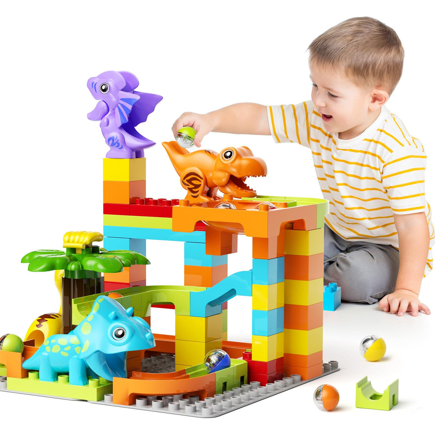 burgkidz Murmelbahn Bauklötze Dinosaurier Set, 78-teiliges Interaktive Kugelbahnen Labyrinth Spiel Kompatibel Konstruktionsspielzeug, STEM Pädagogisches Geschenk für Kinder Alter von 3+ Jahren