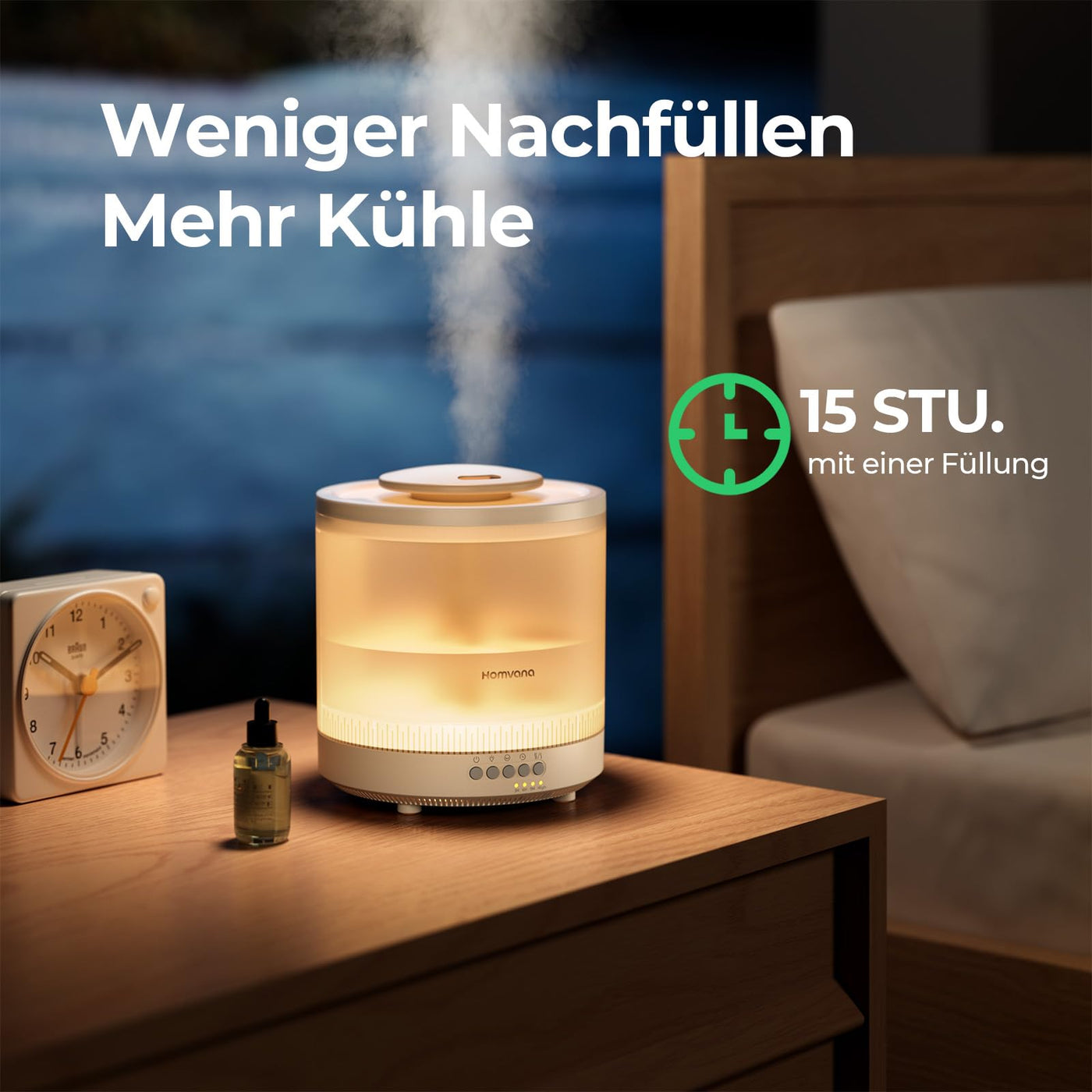 Homvana Luftbefeuchter Schlafzimmer, 1,8 L Top-Fill Kühlnebel Klein Luftbefeuchter für Baby Kinderzimmer, Pflanzen und Kinderheime, 3-in-1 Diffusor, Air Humidifier for Bedroom, Baby, Growbox, Pflanzen