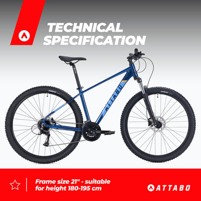 ATTABO Herrenfahrrad Alpe 3.0 mit Aluminiumrahmen 21" Ergonomischer Lenker Hydraulische Scheibenbremsen Blau Mountainbike mit 29" Rädern mit Zubehör Verstellbarer Sattel 24-Gang Schaltung
