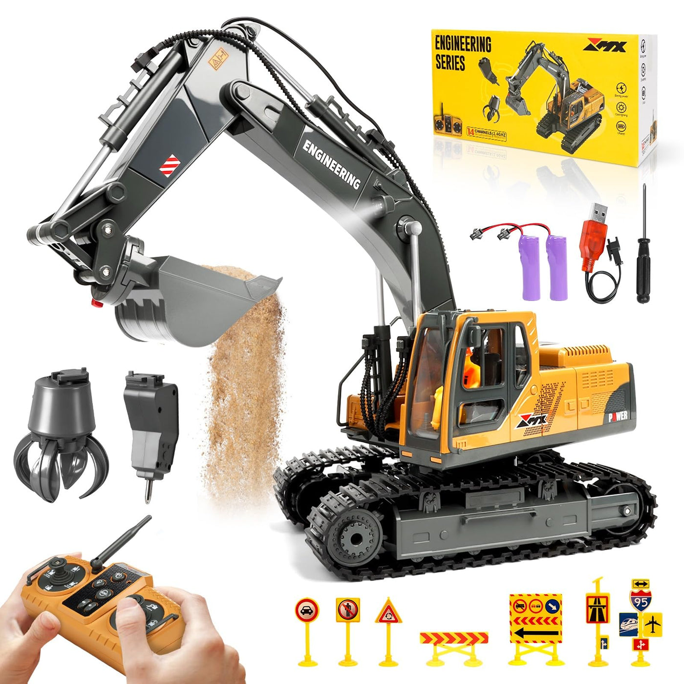 Charmofun 3-in-1 Ferngesteuerter Bagger, 2,4GHz RC Bagger Spielzeug mit DREI Metallköpfen, 680° Drehbarer Radlader mit Lichtern & Musik, Geschenk Ab 3-12 Jahre