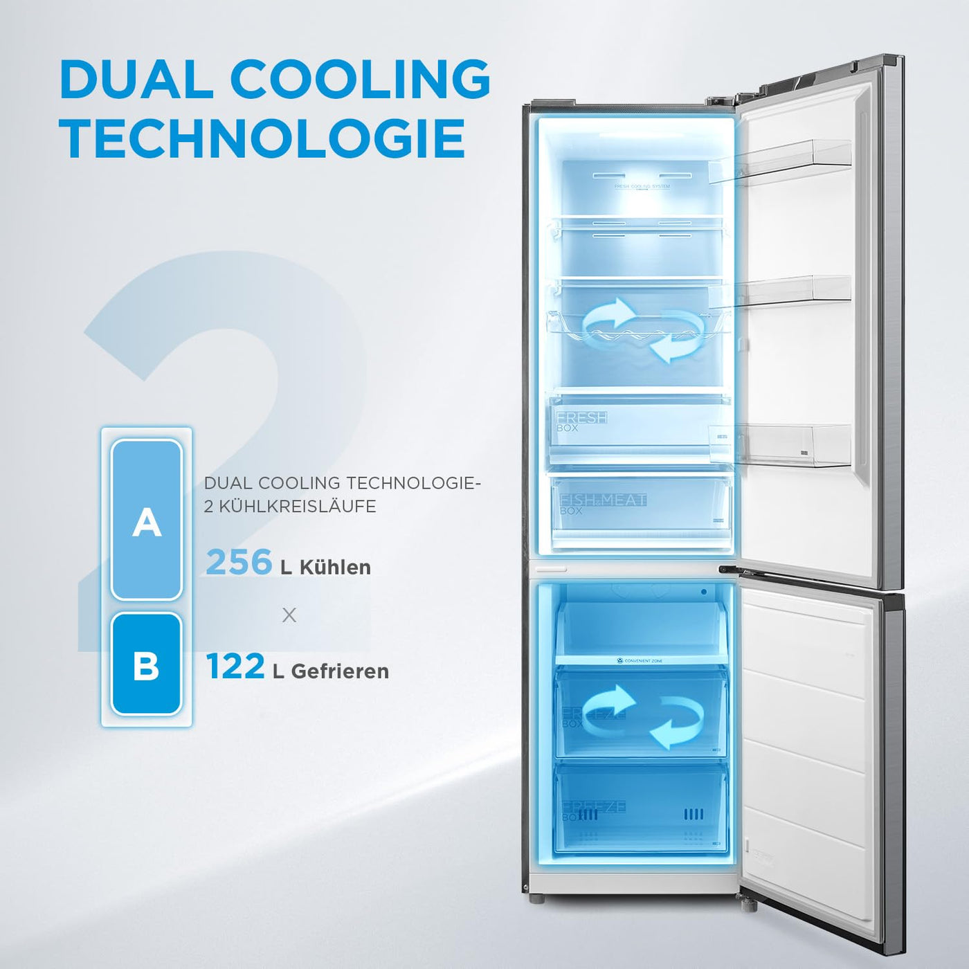 Midea MDRB521MGB02 Kühl-/Gefrierkombination/NoFrost/Inverter Kompressor/Metal Cooling/Niedrigtemperaturzone/180° Verstellbare Gefrierfach-Schublade/201 cm hoch/256 L Kühlteil/122 L Gefrierteil