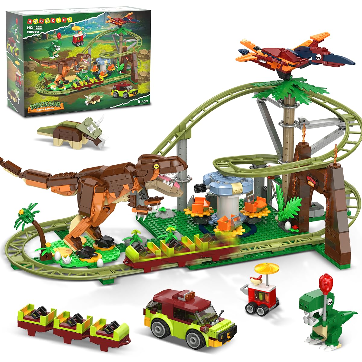 HOGOKIDS Dinosaurier Achterbahn Bausteine Spielzeug – 1222pcs Achterbahn Bauspielzeug mit 4 Dinosauriern, Geländewagen, Dinosauriermodellen, Geschenk für Erwachsene, Mädchen Jungen ab 8 Jahren
