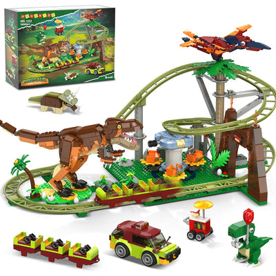 HOGOKIDS Dinosaurier Achterbahn Bausteine Spielzeug – 1222pcs Achterbahn Bauspielzeug mit 4 Dinosauriern, Geländewagen, Dinosauriermodellen, Geschenk für Erwachsene, Mädchen Jungen ab 8 Jahren