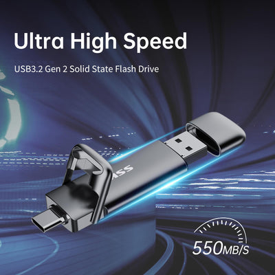 SSK USB C Externe SSD 2TB, mit bis zu 550 MB/s Extreme Schneller USB Solid State Drive, Dual-USB Typ C + USB A USB3.2 Gen2 Datenspeicher für Android-Telefon, Laptop, Tablet, Mac