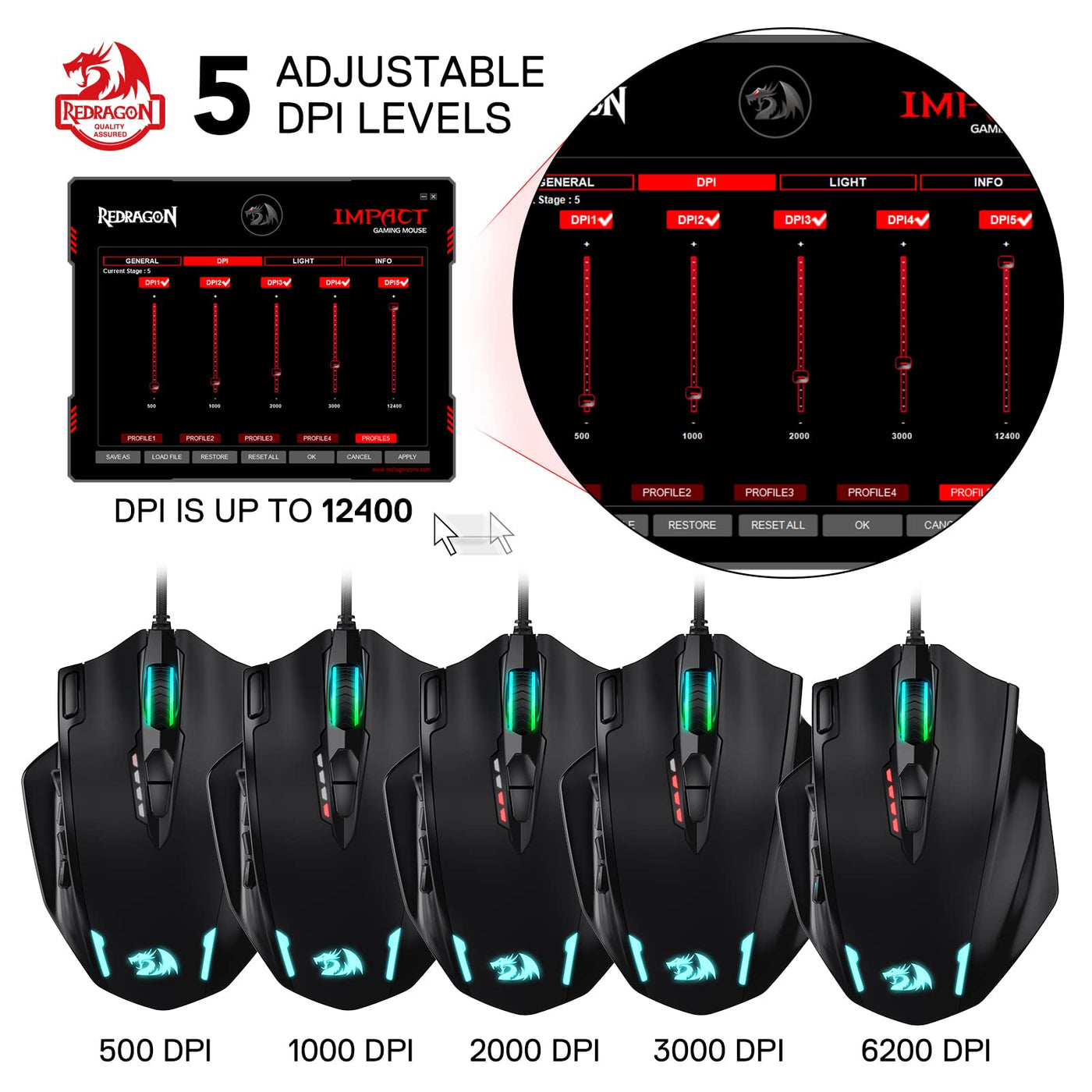 Redragon M908 Impact RGB LED MMO Maus mit Seitentasten, optische kabelgebundene Gaming-Maus mit 12.400DPI, hohe Präzision, 20 programmierbare Maustasten