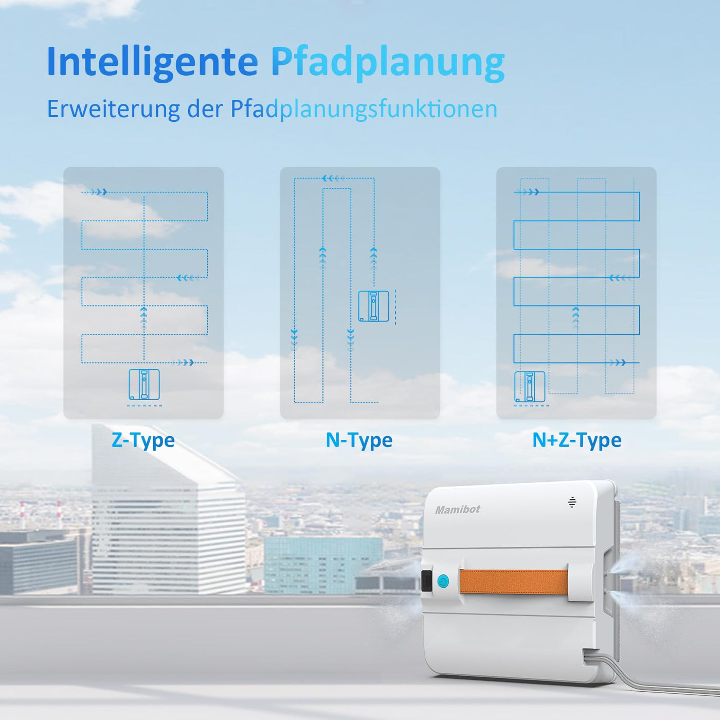 Mamibot W120-DP Fensterputzroboter, Sprühfunktion, intelligente Pfadplanung, doppelter Kreuz-Wasserstrahl, Fern- und App-Steuerung für Glasreinigung, Weiß/Blau