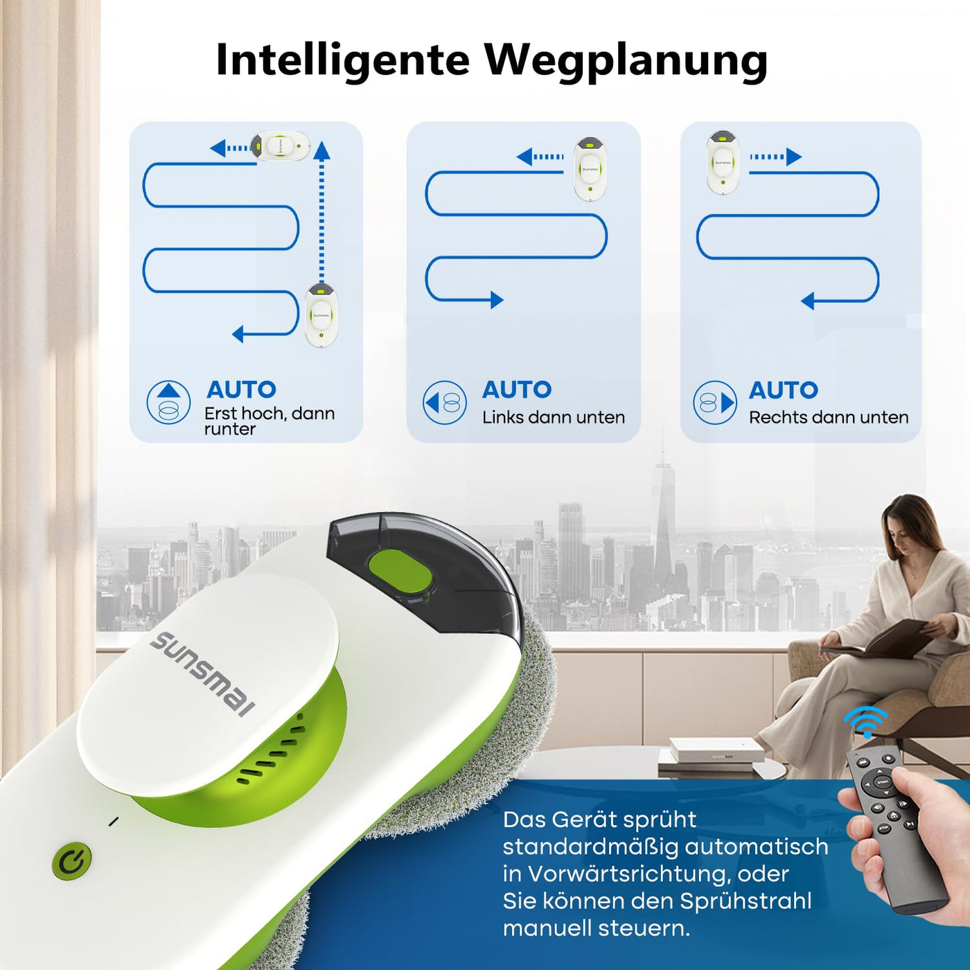 SUNSMAI S60-1A Mini Green Dual Side Spray Fensterputzroboter, Anti-verstopfungsfreie Elektrisch Automatischer Fensterroboter mit Wassersprühfunktion,3800pa Starke Anti-Drop Fensterputzer