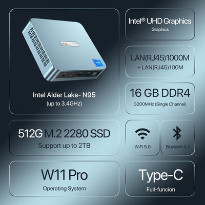 PELADN WI-6 Mini-PC,Intel 12. Generation Alder Lake-N95 (bis zu 3,4 GHz), 16 GB DDR4 RAM, 512 GB M.2 PCIe SSD, Desktop-Computer mit Unterstützung für 4K Dual Display/USB3.2/WiFi 5/BT4.2/Win11 Pro