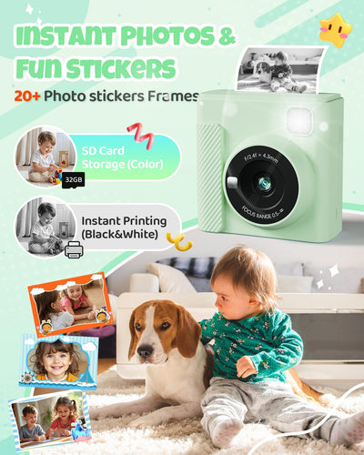 TIATUA Kinderkamera Sofortbildkamera, 2,4 Zoll Sofortbildkamera Kinder mit 32G Karte und Fotopapier Drucken, 1080P HD Digitalkamera Kinder, Geschenke für Jungen und Mädchen 3-12 Jahre (grün)