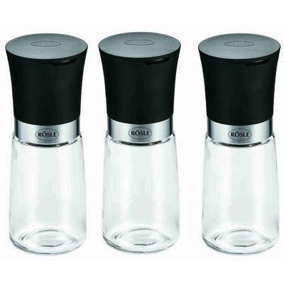 RÖSLE Gewürzmühlen-Set 3-tlg, Hochwertige Salz- und Pfeffermühlen mit Keramikmahlwerk für alle Arten von Gewürzen, Glasbehälter, 14 cm, Transparent / Schwarz