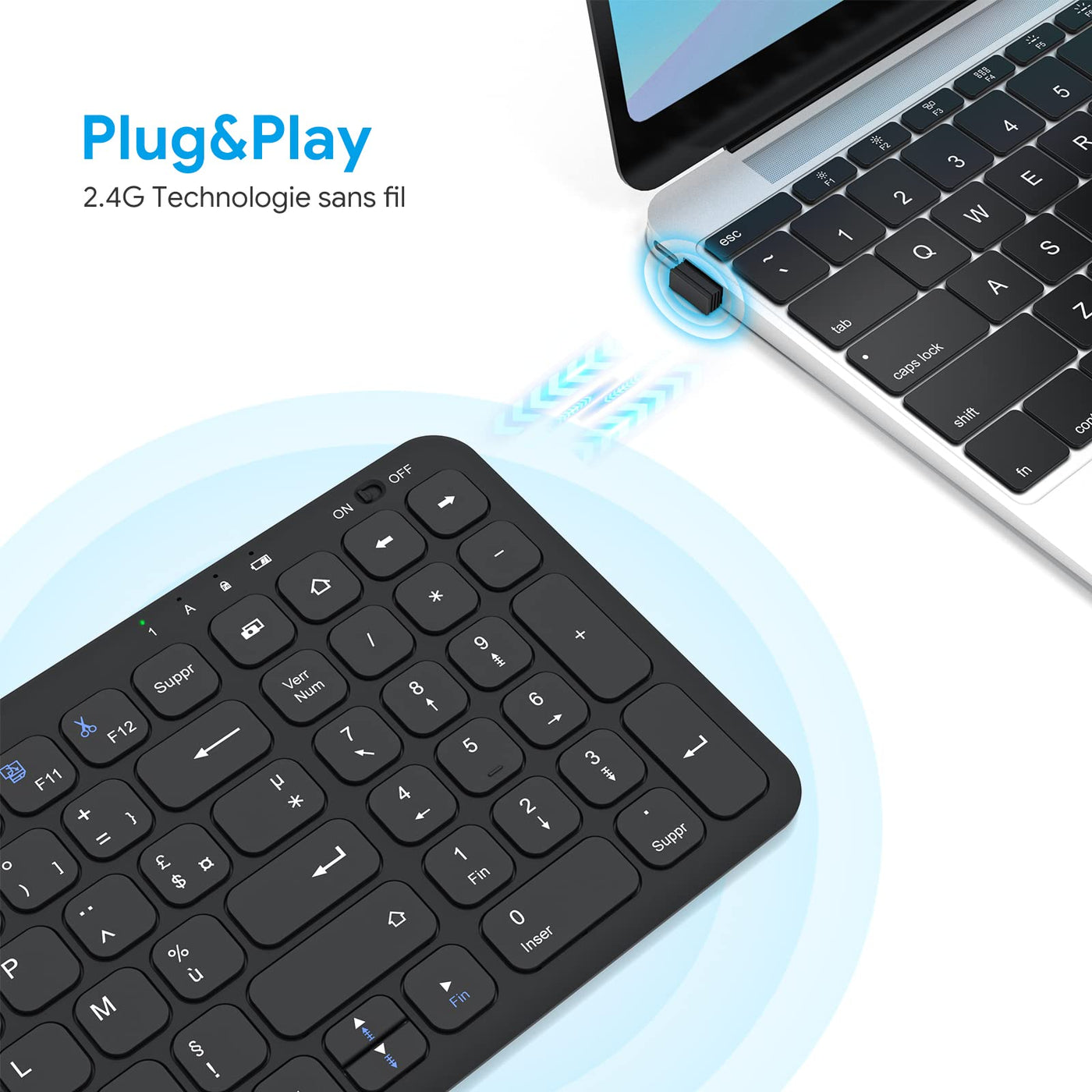 OMOTON Kabellose Tastatur, 2,4 GHz, AZERTY-Tastatur, leise, für Windows 10/8/7, PC, Computer, kabellose USB-Tastatur mit Ziffernblock, ultradünn, Schwarz