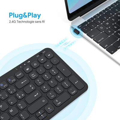 OMOTON Kabellose Tastatur, 2,4 GHz, AZERTY-Tastatur, leise, für Windows 10/8/7, PC, Computer, kabellose USB-Tastatur mit Ziffernblock, ultradünn, Schwarz