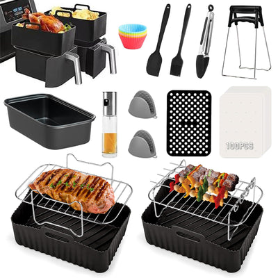 Heißluftfritteusen Zubehör für Ninja Foodi AF400EU, AF300EU, Emerio, Princess, Innsky, COSORI, Tower 7,6L/8L/9L/9,5L Dual Zone Heißluftfritteuse, Silikoneinlagen&Grillroste&Backformen usw, Schwarz
