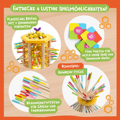 Nene Toys BEEFALL Groß, 4-in-1 Lernspiel mit Bienen, Montessori Spielzeug ab 3 Jahren mit bunten Stäben, Würfeln & Karten - Holzspiel für Jungen & Mädchen 3-9 Jahre - Pädagogisches Familienspiel